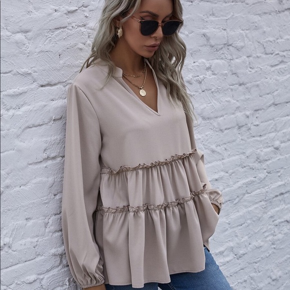 Boho Beige v neck ruffle babydoll long sleeve top - Picture 9 of 15